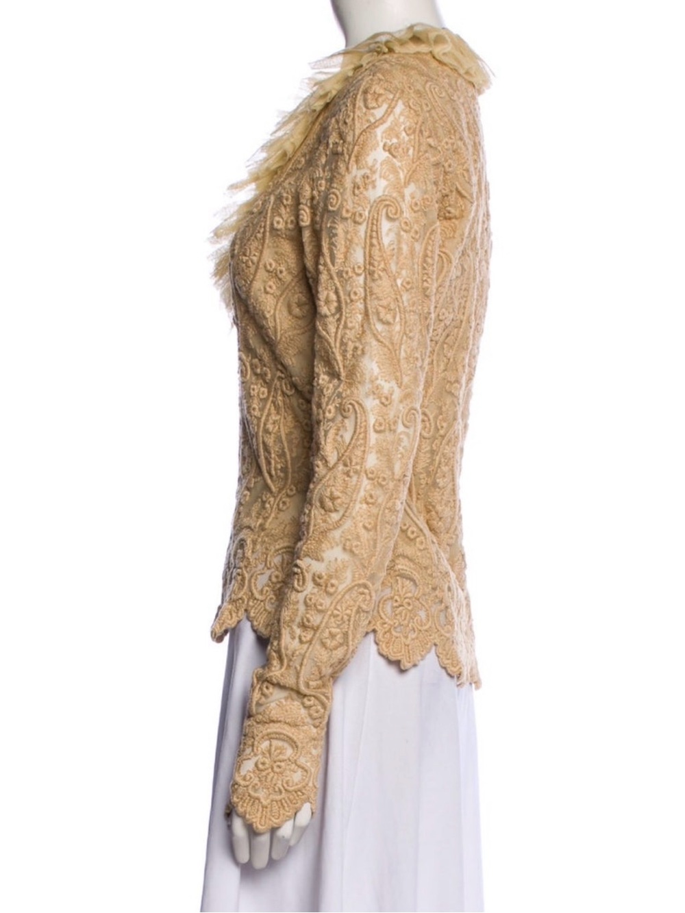 Ralph Lauren Women’s Ruffled V-Neck Lace Blouse in Cream - Picture 2 of 6